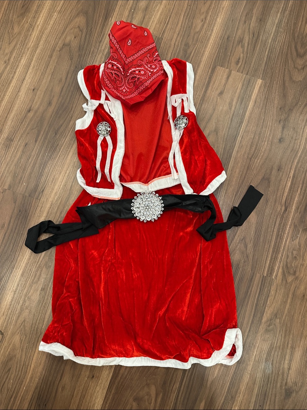 Western Mrs Santa Clause Kids Red Velvet Holiday Costume Dress with Bandana Sash